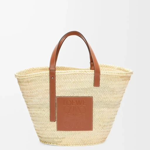 Large Classic Basket In Palm Leaf And Calfskin