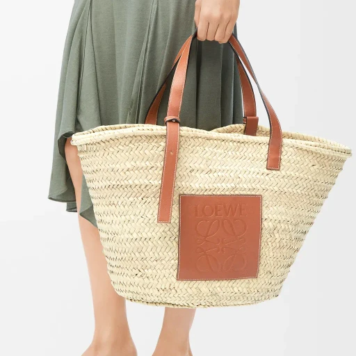 Large Classic Basket In Palm Leaf And Calfskin