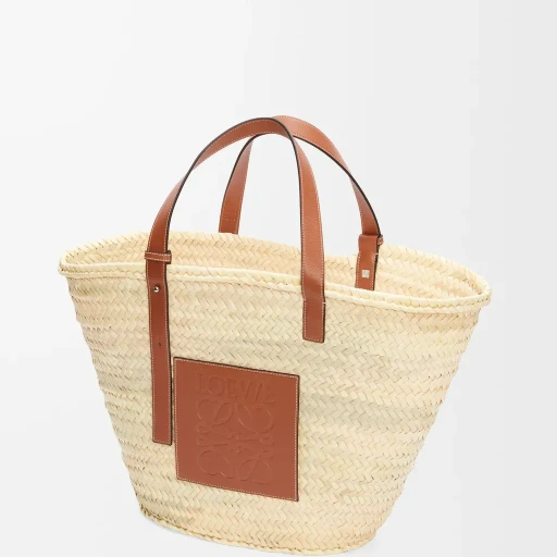 Large Classic Basket In Palm Leaf And Calfskin