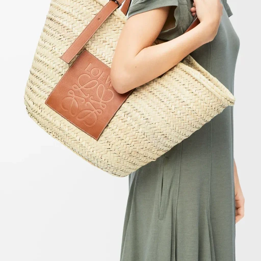 Large Classic Basket In Palm Leaf And Calfskin