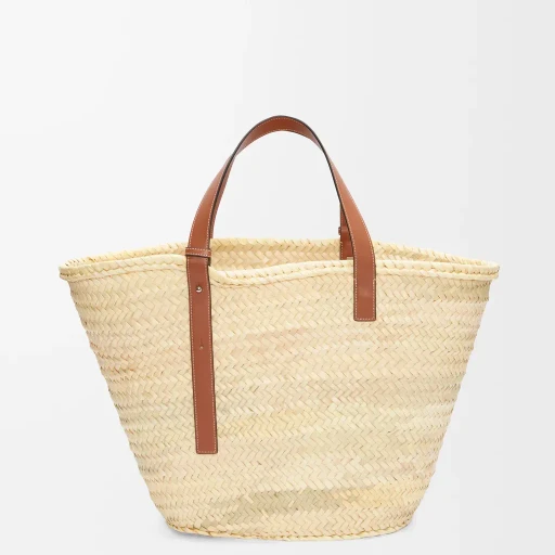 Large Classic Basket In Palm Leaf And Calfskin