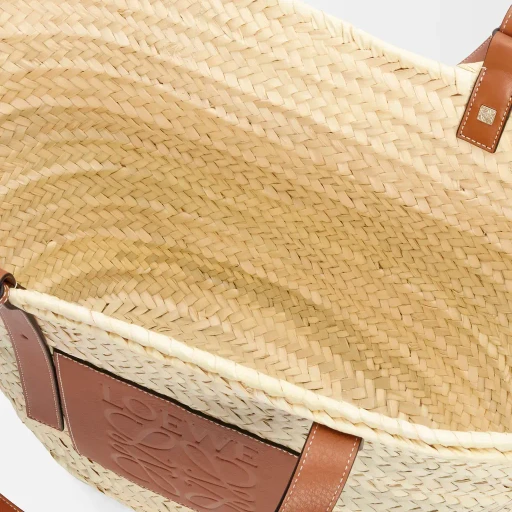 Large Classic Basket In Palm Leaf And Calfskin