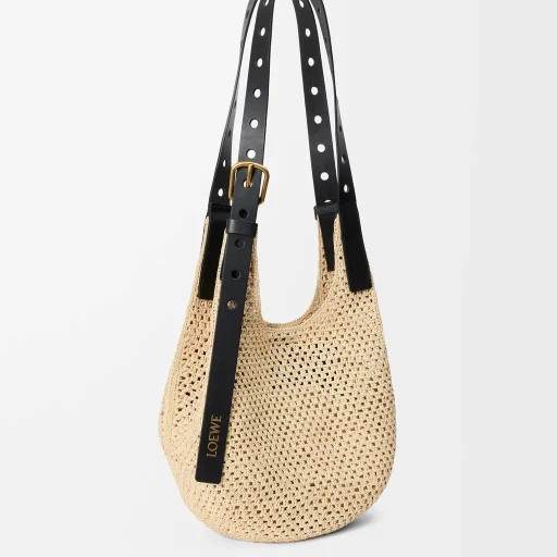 Small Punch Hole Hobo In Raffia And Calfskin