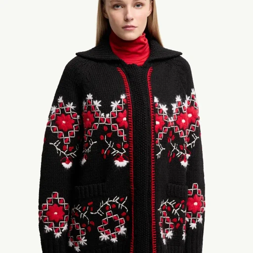 Embroidered Wool Blend Cardigan