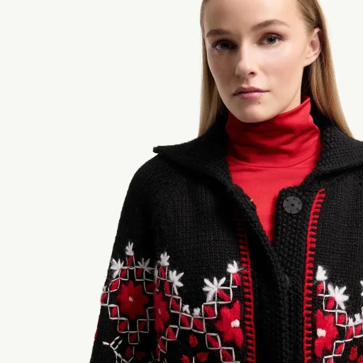Embroidered Wool Blend Cardigan