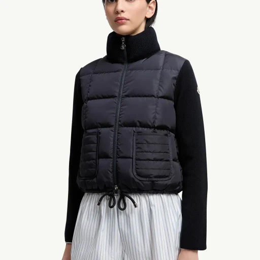 Square-Quilted Padded Wool Zip-Up Cardigan