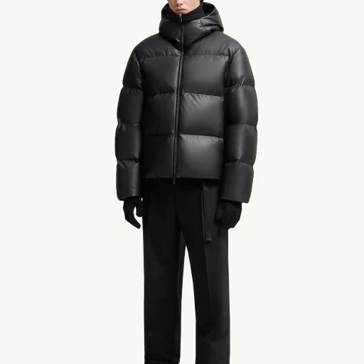 Mentone Hooded Nappa Leather Short Down Jacket