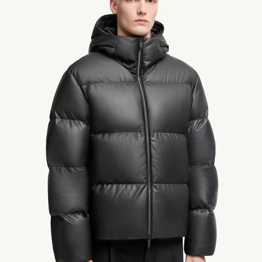 Mentone Hooded Nappa Leather Short Down Jacket
