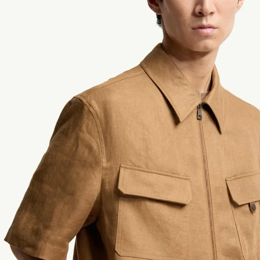 Linen Twill Short Sleeve Zip-Up Shirt