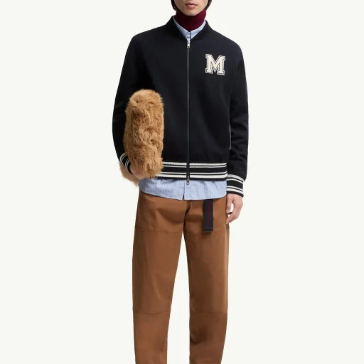 Embroidered Monogram Padded Zip-Up Wool Blend Cardigan