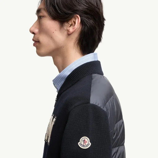 Embroidered Monogram Padded Zip-Up Wool Blend Cardigan