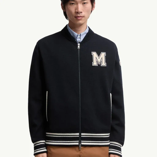 Embroidered Monogram Padded Zip-Up Wool Blend Cardigan