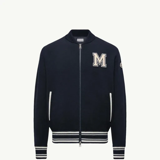 Embroidered Monogram Padded Zip-Up Wool Blend Cardigan