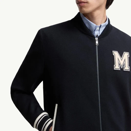 Embroidered Monogram Padded Zip-Up Wool Blend Cardigan