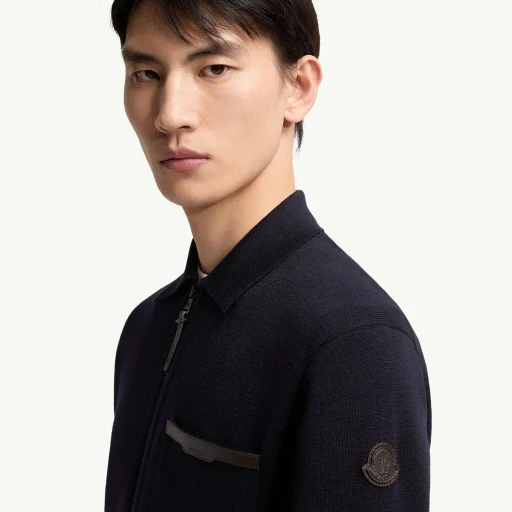 Leather Logo Wool Zip-Up Cardigan