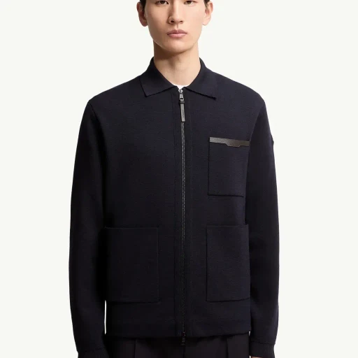 Leather Logo Wool Zip-Up Cardigan