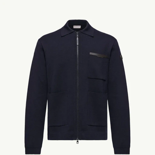 Leather Logo Wool Zip-Up Cardigan