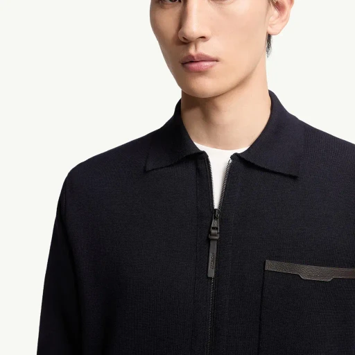 Leather Logo Wool Zip-Up Cardigan