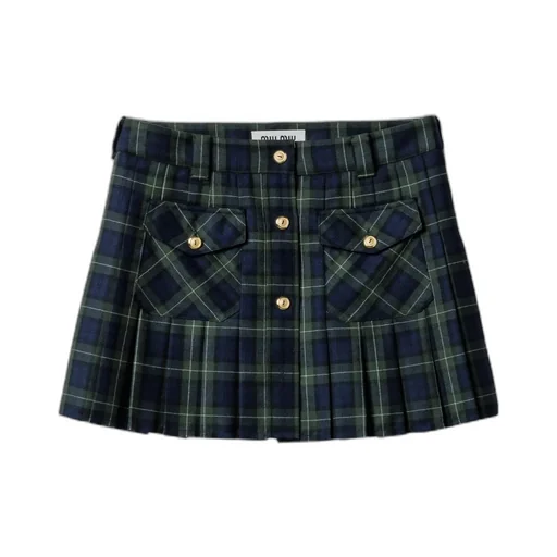 Miu Miu Logo-Embroidered Pleated Tartan Mini Skirt