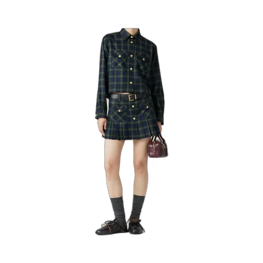 Miu Miu Logo-Embroidered Pleated Tartan Mini Skirt