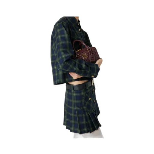 Miu Miu Logo-Embroidered Pleated Tartan Mini Skirt
