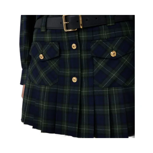 Miu Miu Logo-Embroidered Pleated Tartan Mini Skirt