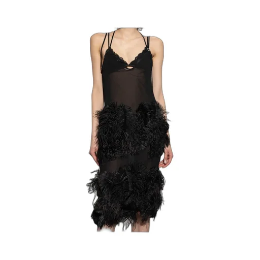 The Attico Feather Embellished Spaghetti Strap Midi Dress