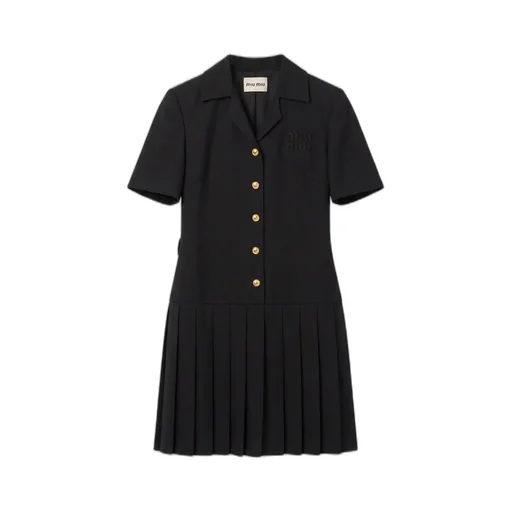 Miu Miu Short-Sleeved Belted Pleated Dress