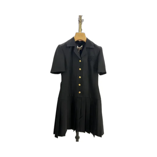 Miu Miu Short-Sleeved Belted Pleated Dress