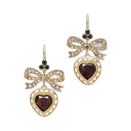 18Kt Yellow Gold Heart Garnet Drop Earrings