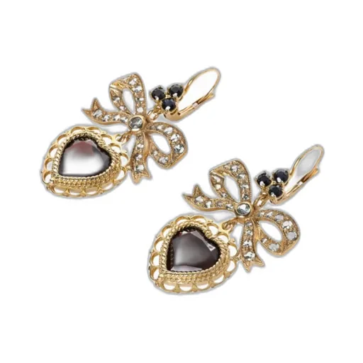18Kt Yellow Gold Heart Garnet Drop Earrings