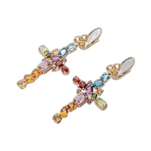 18Kt Yellow Gold Gemstone Cross Earrings