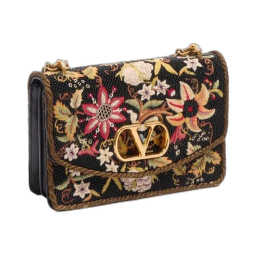 Valentino Vain Embroidered Foldover Top Shoulder Bag