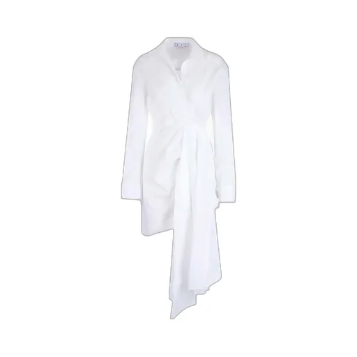 Off-White Draped Long-Sleeved Dress