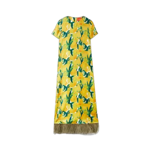 Swing Floral-Print Feather-Hem Maxi Dress