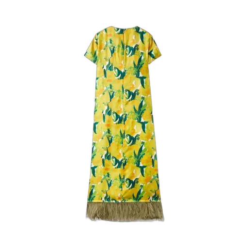 Swing Floral-Print Feather-Hem Maxi Dress
