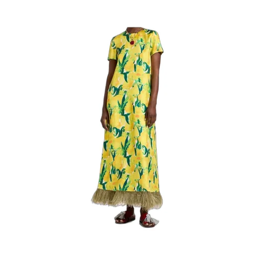 Swing Floral-Print Feather-Hem Maxi Dress