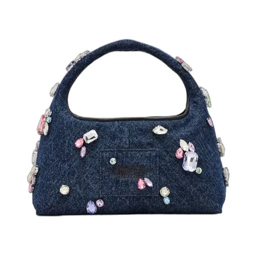 Crystal-Embellished Denim Shoulder Bag