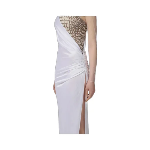 Tulle-Panel Crocodile-Effect Maxi Dress