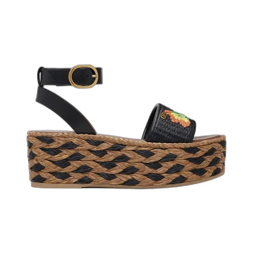 Polished Leather And Woven Faux Grass Platform Sandals