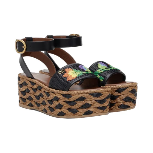 Polished Leather And Woven Faux Grass Platform Sandals