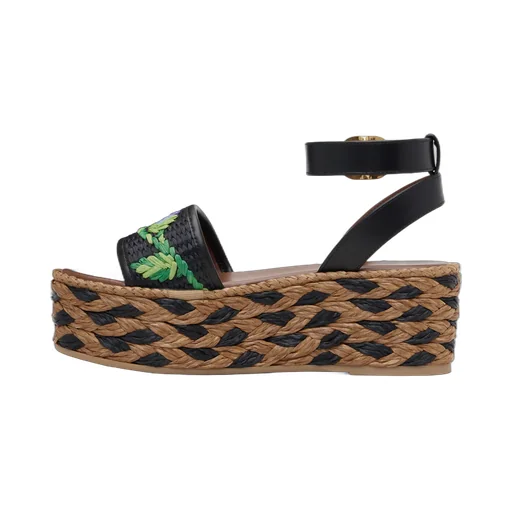 Polished Leather And Woven Faux Grass Platform Sandals