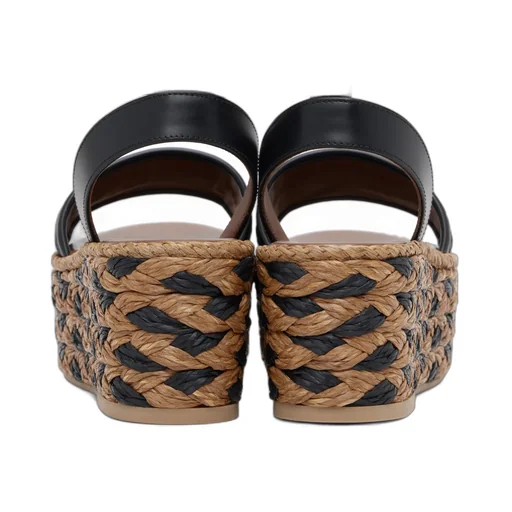 Polished Leather And Woven Faux Grass Platform Sandals