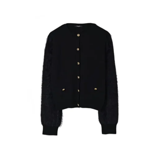 Balmain Kids Fluffy-Sleeve Buttoned Crewneck Cardigan