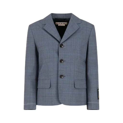 Blue Wool Cropped Jacket With Prince Of Wales Check