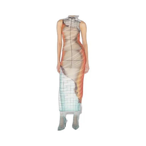 Mesh High Neck Twisted Tank Top Printed Fire