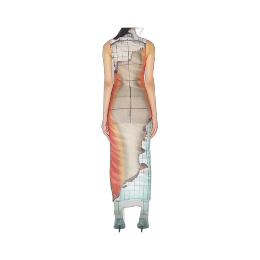 Mesh High Neck Twisted Tank Top Printed Fire