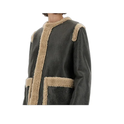 Mm6 Maison Margiela Leather Shearling-Panels Crewneck Jacket