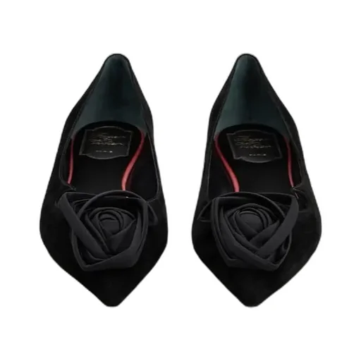 Rose-Embellished Pointed-Toe Ballet Flats