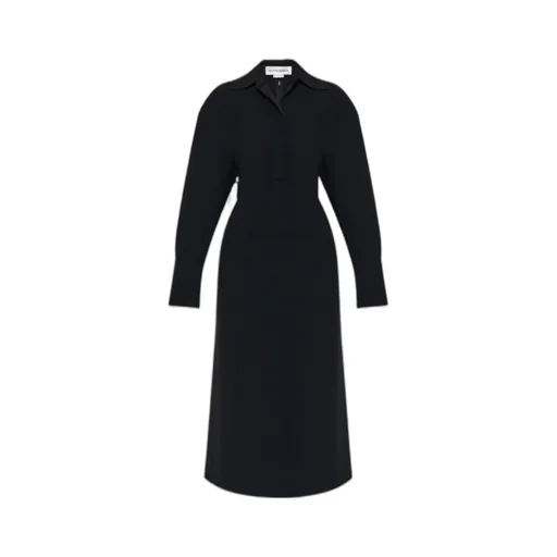 Spread-Collar Long-Sleeve Midi Dress